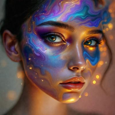 The primary subject of the image is a woman with a face painted with blue and purple makeup. She has a blue and purple face paint design on her face, which gives her a unique and artistic appearance. The setting is a room with a pink background, which adds to the overall atmosphere of the image. The visual style of the image is a combination of photo and digital art, creating a vibrant and eye-catching portrait of the woman.